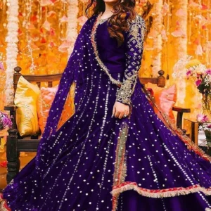 Purple Mirror Work Maxi Suit for Women with Lace Dupatta