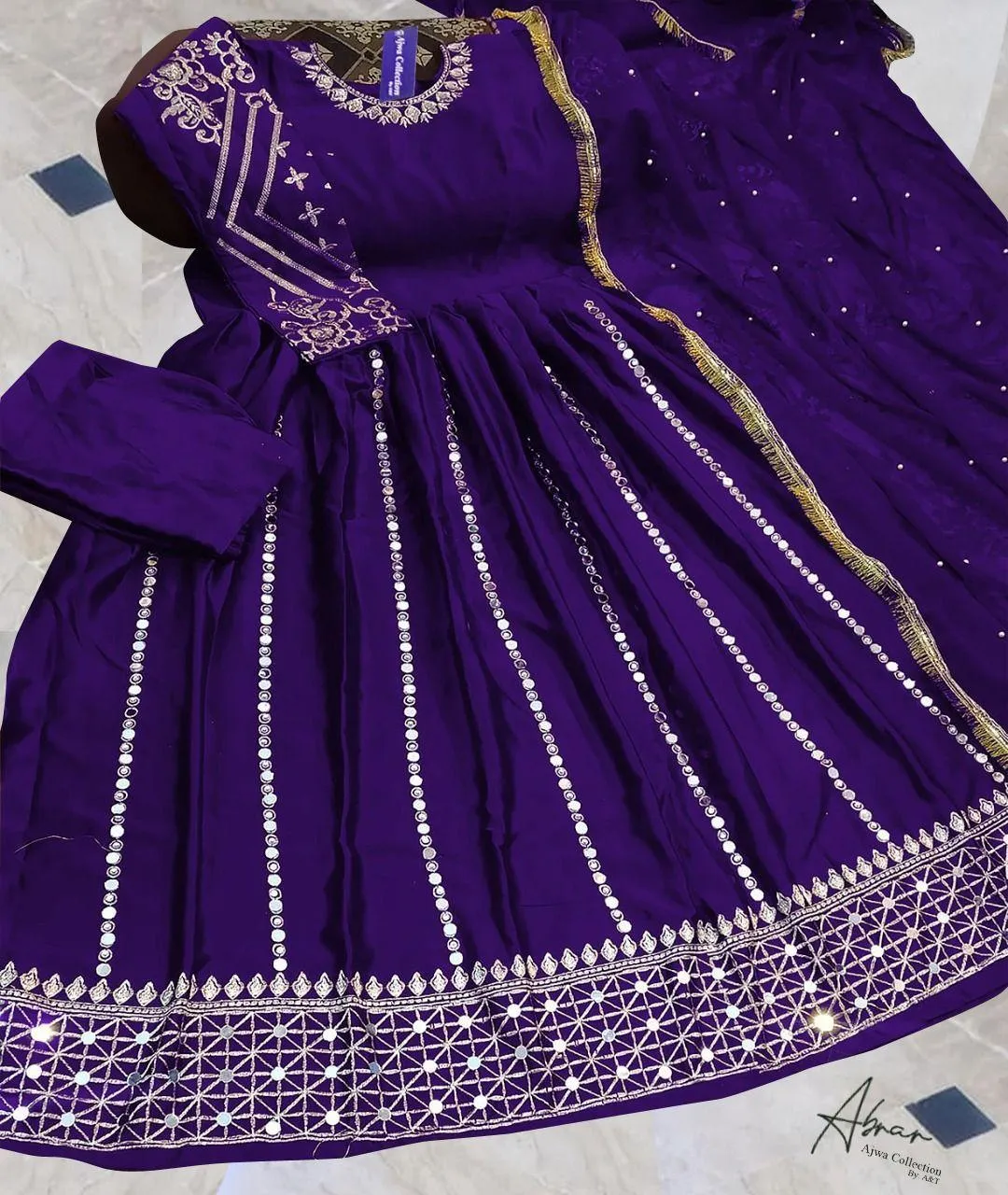 Purple Mirror Work Maxi Suit for Women with Lace Dupatta - Image 2