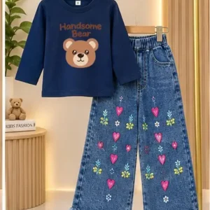 2 Pcs Girl's Jersey Printed Shirt & Pants Set
