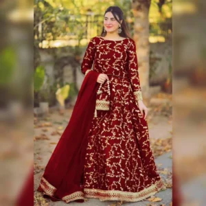 Maroon Embroidered Lehenga Choli Set with Dupatta