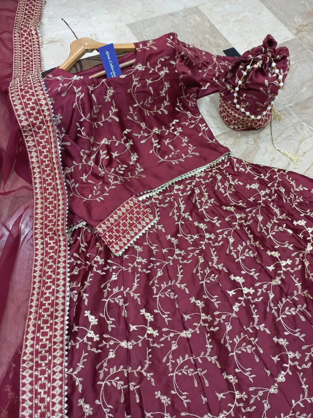 Maroon Embroidered Lehenga Choli Set with Dupatta - Image 2