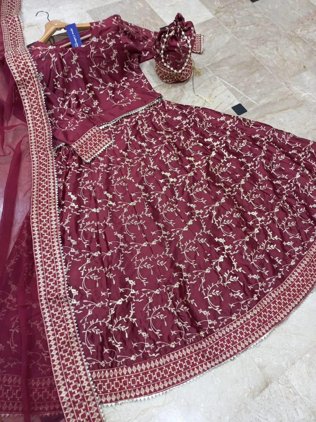 Maroon Embroidered Lehenga Choli Set with Dupatta - Image 3