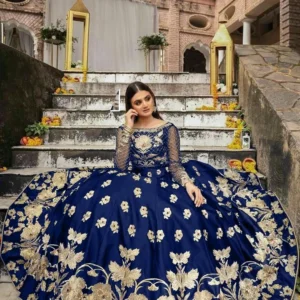 Royal Blue Lehenga Set with Gold Embroidery for Weddings