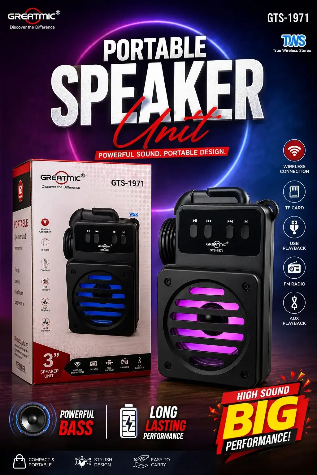 Greatmic GTS-1971 Portable Wireless Bluetooth Speaker