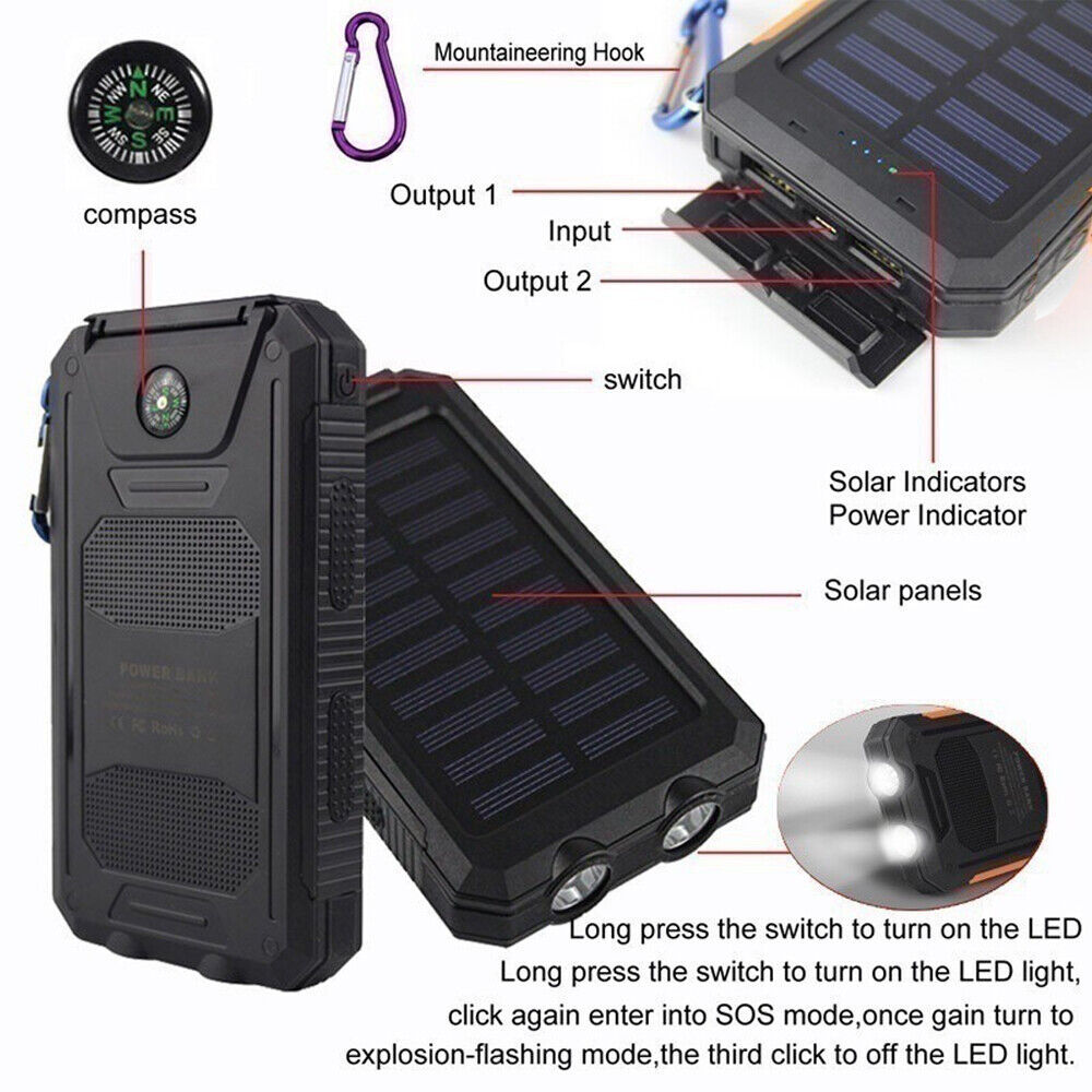 1o000mAh Solar Power Bank Waterproof 2USB LED Battery Charger For Cell Phone - Image 6