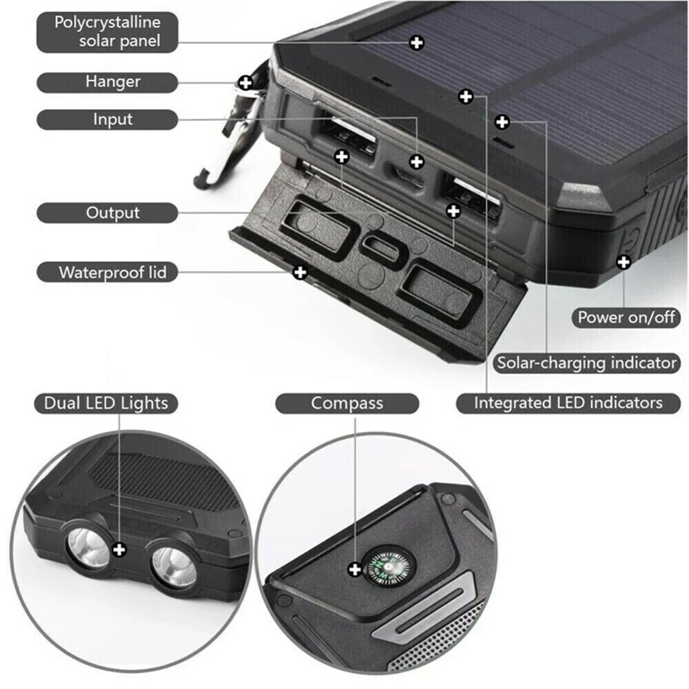 1o000mAh Solar Power Bank Waterproof 2USB LED Battery Charger For Cell Phone - Image 2